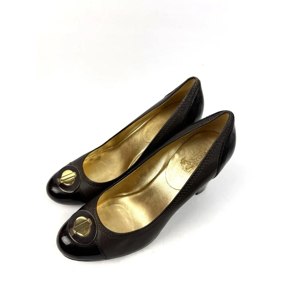Coach Phebbie Heels 7.5 Y2K Brown Leather Chunky Pump Gold Logo Shoes